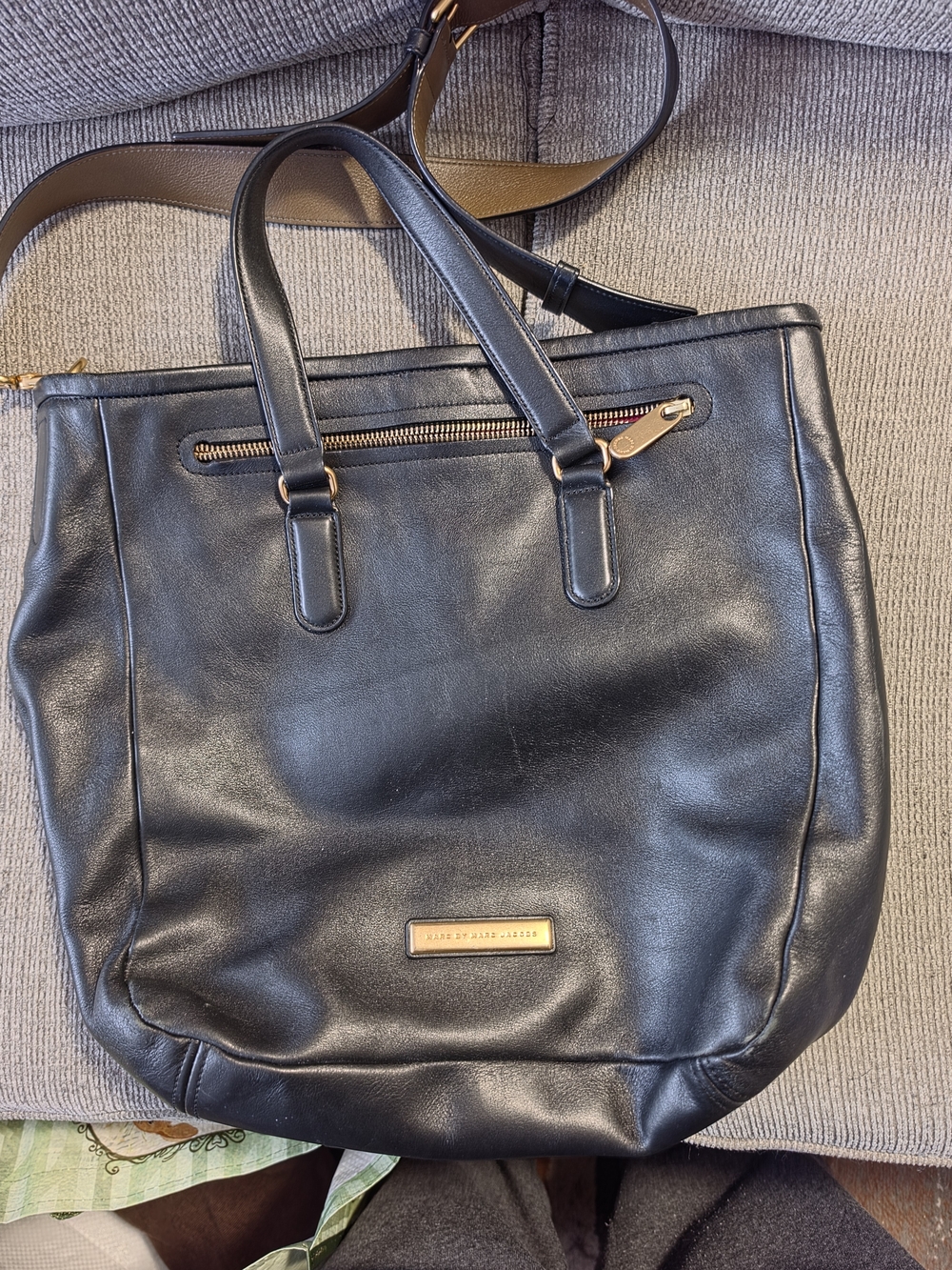 Marc By Marc Jacobs Black Leather Tote Bag with Top Handles and Crossbody Strap